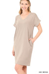 Rolled Short Sleeve V-Neck Dress (Online Only)