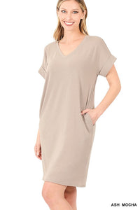 Rolled Short Sleeve V-Neck Dress (Online Only)