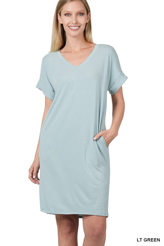 Rolled Short Sleeve V-Neck Dress (Online Only)