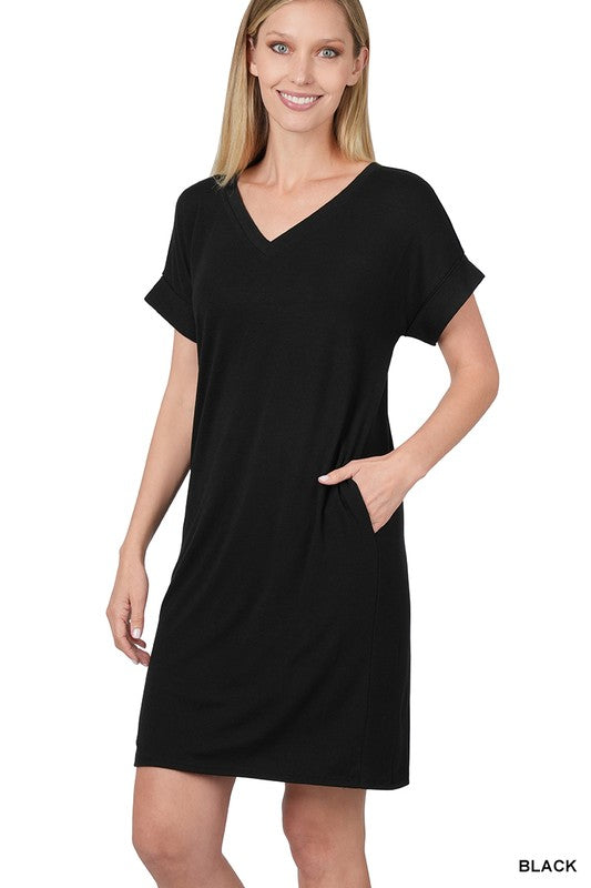 Rolled Short Sleeve V-Neck Dress (Online Only)