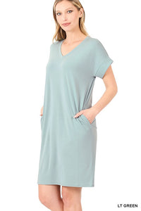 Rolled Short Sleeve V-Neck Dress (Online Only)