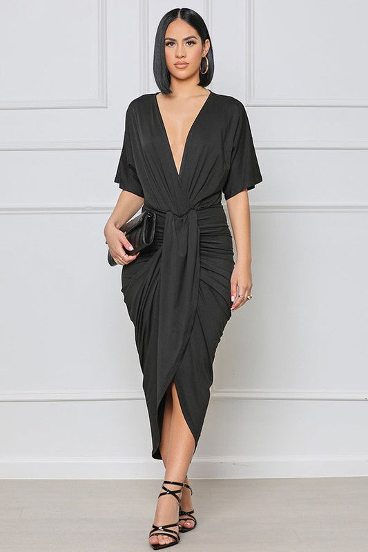 Deep V-Neck Wrap Dress - Black (Online Only)